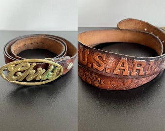 Vintage 1960s Tooled Leather Belt: Vietnam War Era Rifle  display picture 1