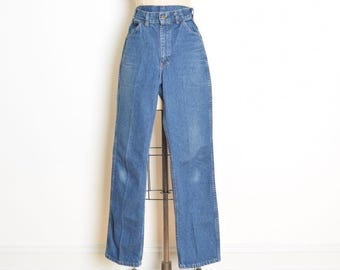 vintage jaren 70 blauwe spijkerbroek denim hoge taille, rechte pijpen Saddle King 29,5 x 30 M