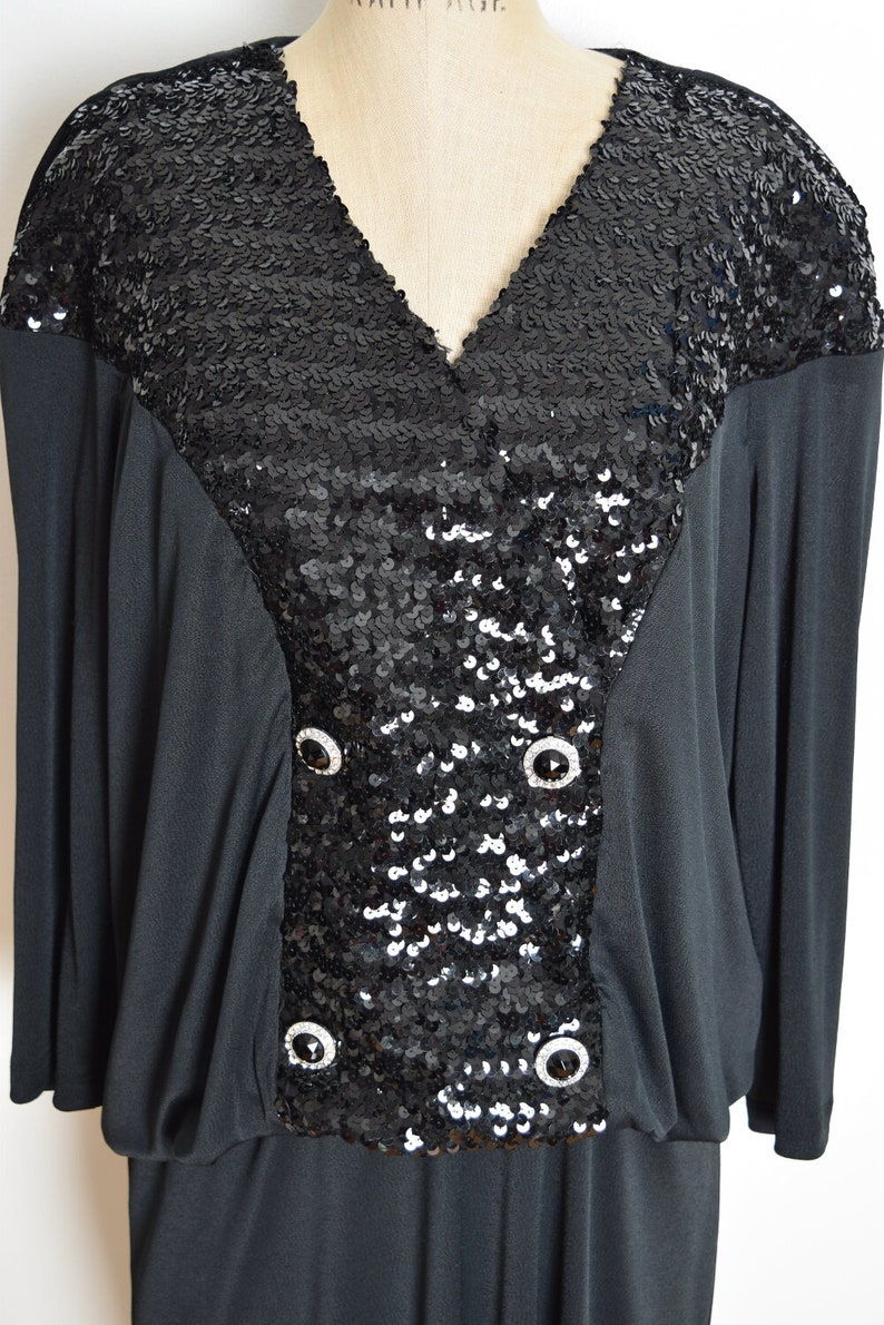 vintage 80s dress black sequin drop waist flapper gatsby sailor midi dress XL clothing image 3