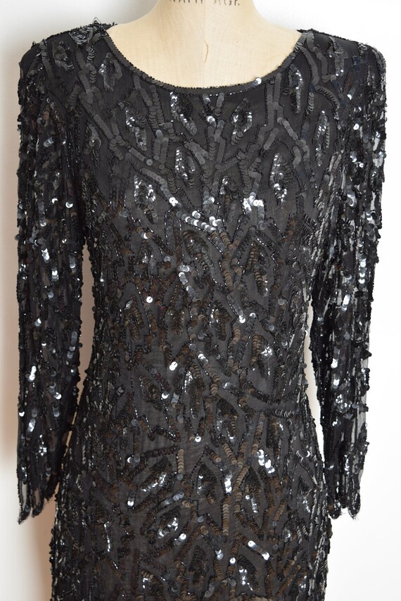 vintage 80s dress black silk sequin beaded feathe… - image 3