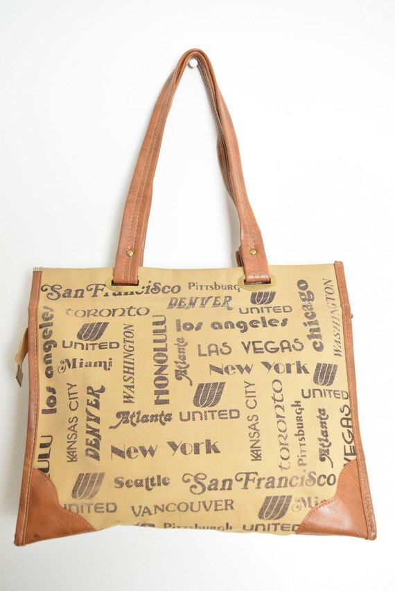 vintage 70s purse beige brown US cities print carryon tote bag novelty print View 6
