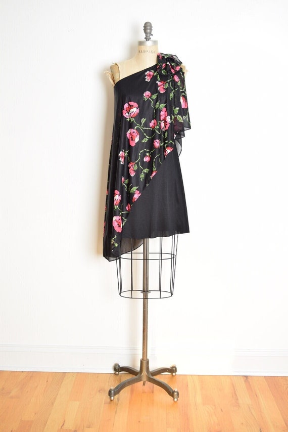 vintage 70s dress black pink one shoulder draped … - image 1