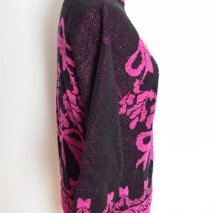 vintage 80s sweater black fuchsia sparkly metallic bows jumper top shirt M clothing image 4