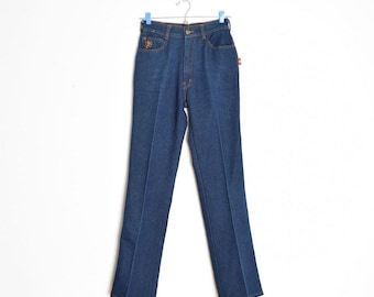 vintage 70s jeans dark denim high waist rise long straight leg disco Braxton S