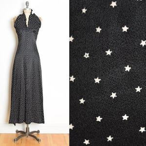vintage 70s dress black satin STAR print ruffle long maxi prom party disco XS S