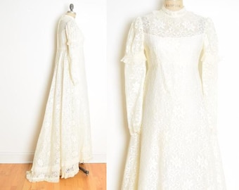 vintage 60s wedding dress cream crochet lace regency juliet gown puff sleeve S clothing