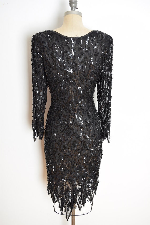 vintage 80s dress black silk sequin beaded feathe… - image 5