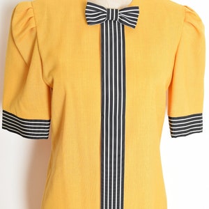 vintage 80s dress yellow striped trim bow puff sleeve secretary midi dress M clothing image 3