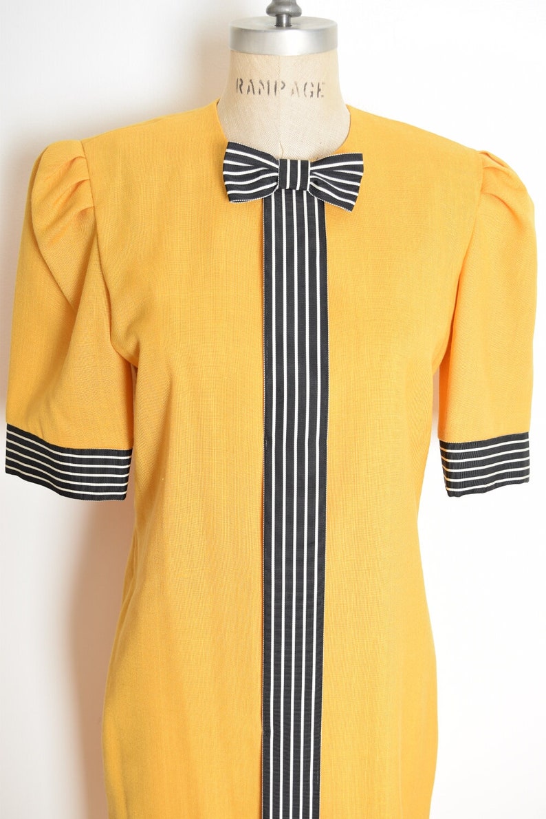 vintage 80s dress yellow striped trim bow puff sleeve secretary midi dress M clothing image 3