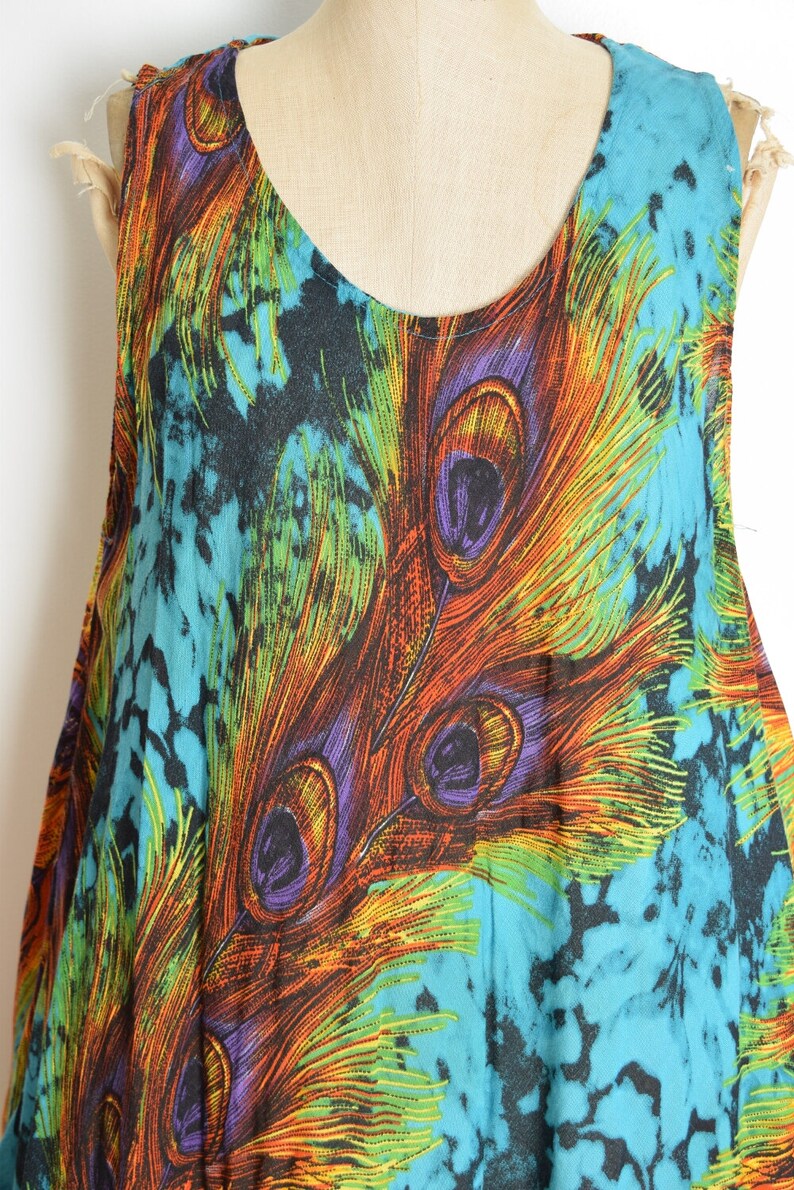 vintage 90s dress peacock feather print tie dye trapeze colorful hippie sun dress clothing image 4