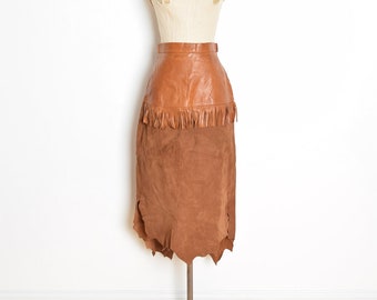 vintage 80s skirt brown leather suede fringe hippie boho Pocahontas high waisted S