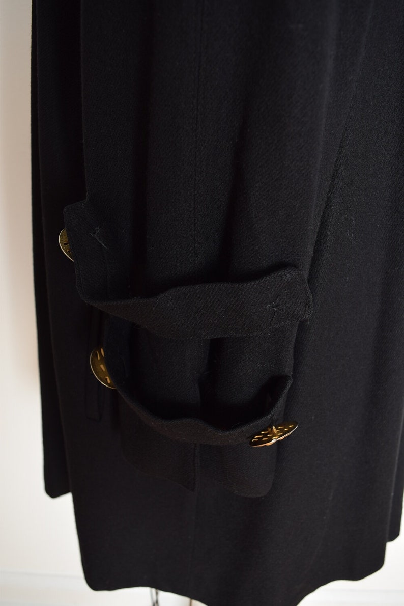 vintage 80s coat jacket black wool trapeze military brass button L XL clothing image 5