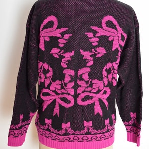 vintage 80s sweater black fuchsia sparkly metallic bows jumper top shirt M clothing image 5