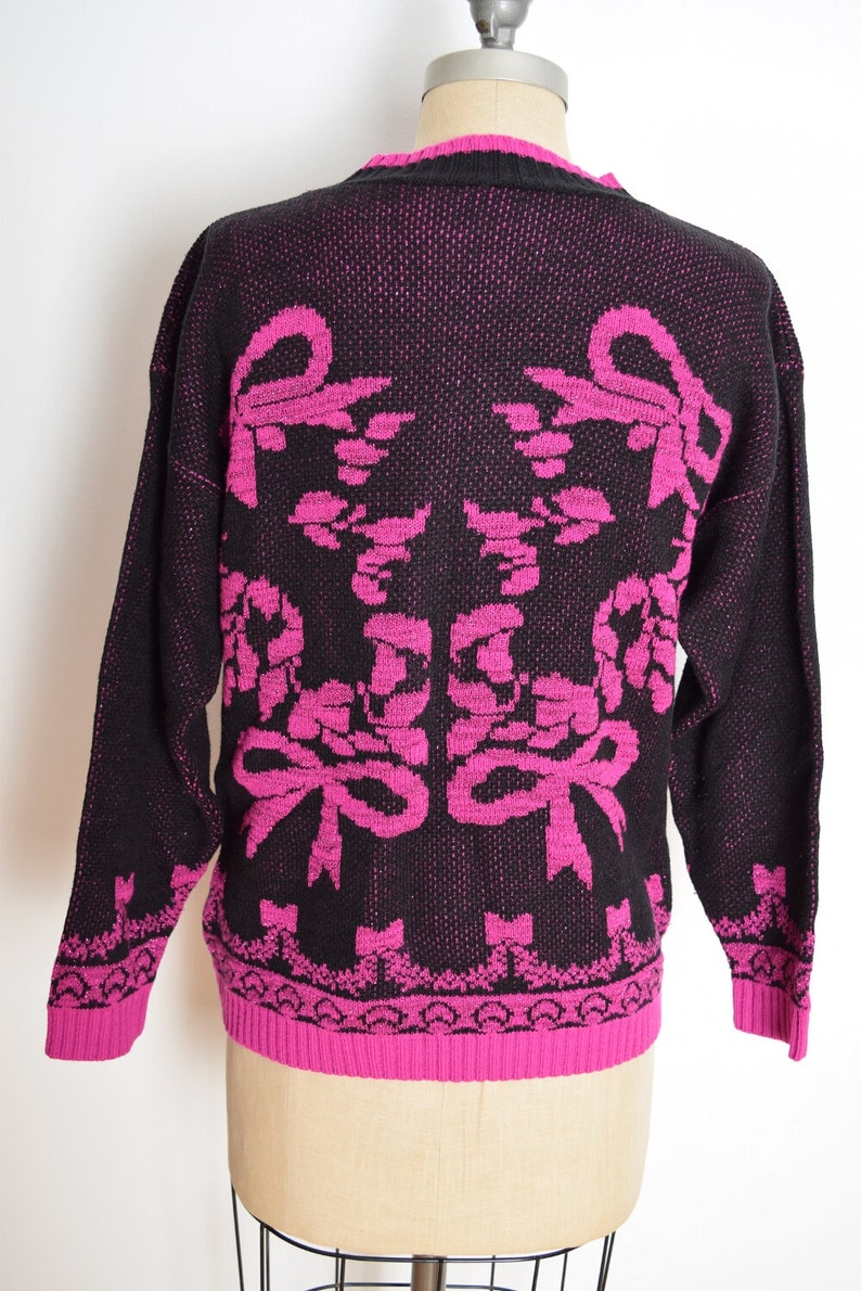 vintage 80s sweater black fuchsia sparkly metallic bows jumper top shirt M clothing image 5