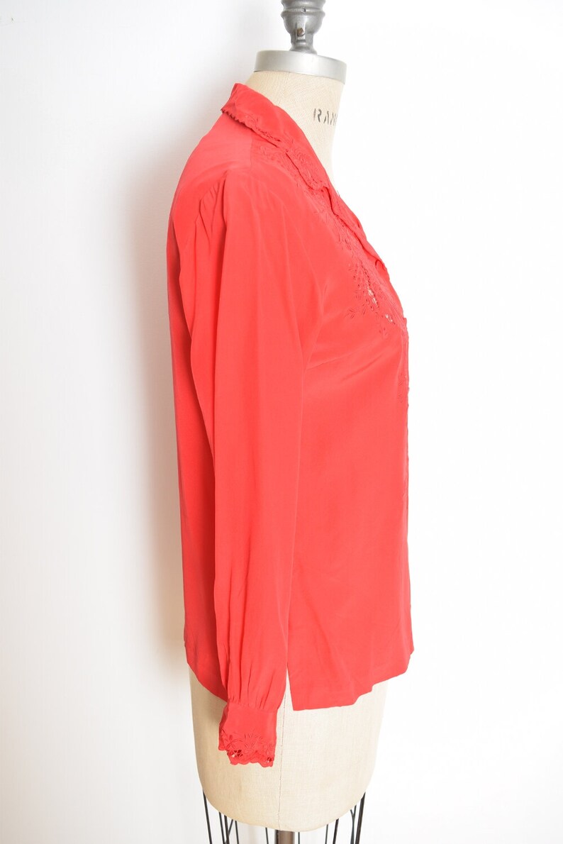 vintage 80s top red silk cutwork embroidered secretary blouse shirt S clothing