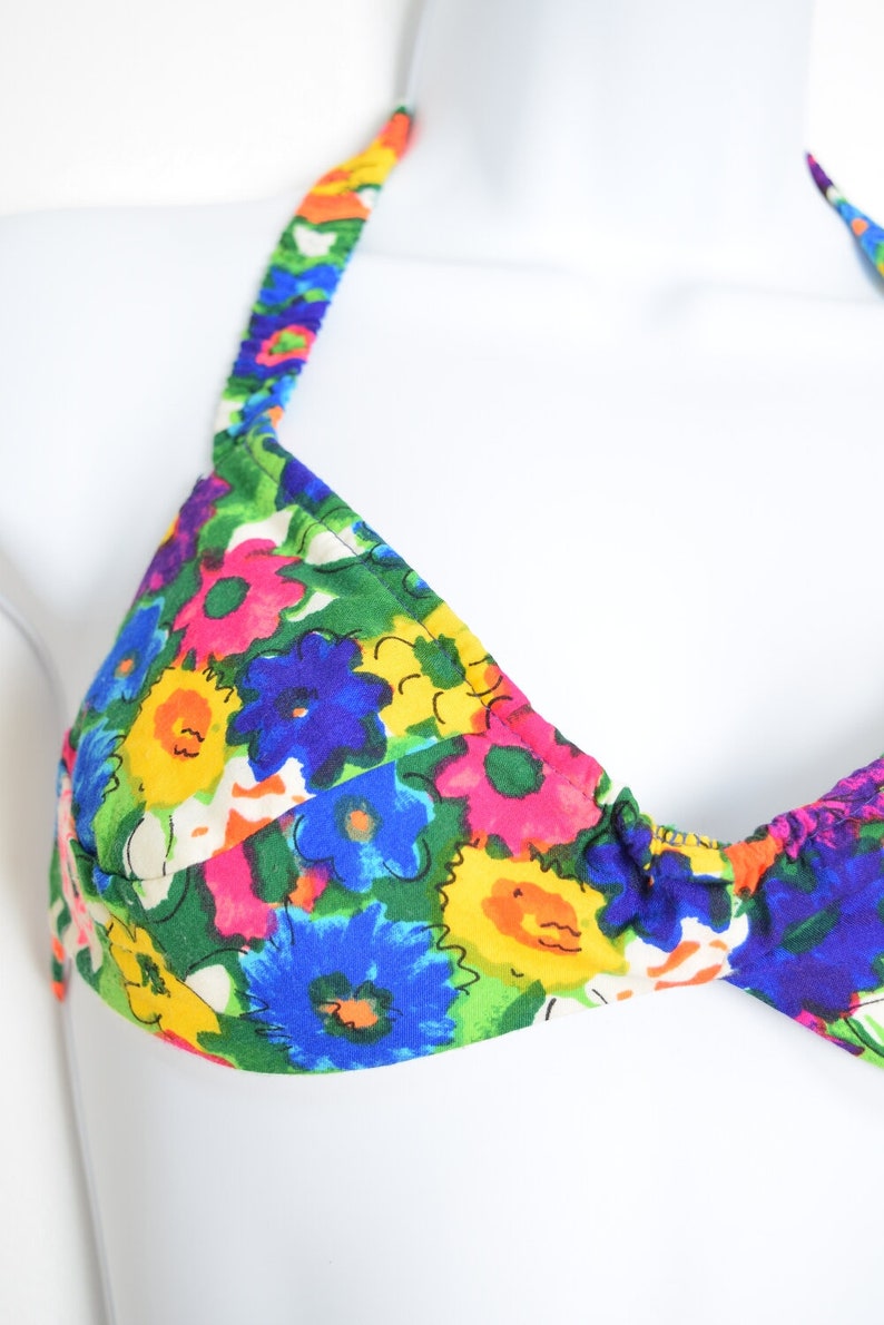 vintage 60s bikini swimsuit watercolor floral print two piece colorful mod XS S clothing image 3