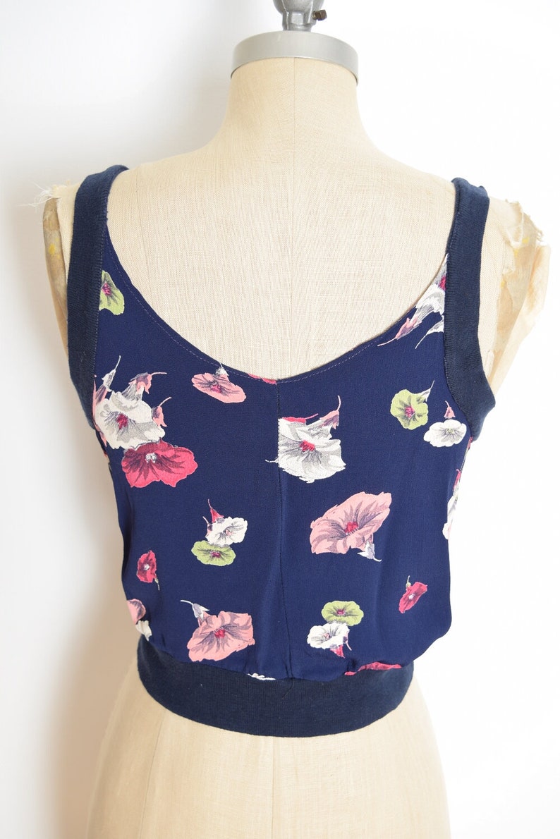 vintage 90s top navy blue rayon floral print grunge shirt blouse crop top tank S small clothing
