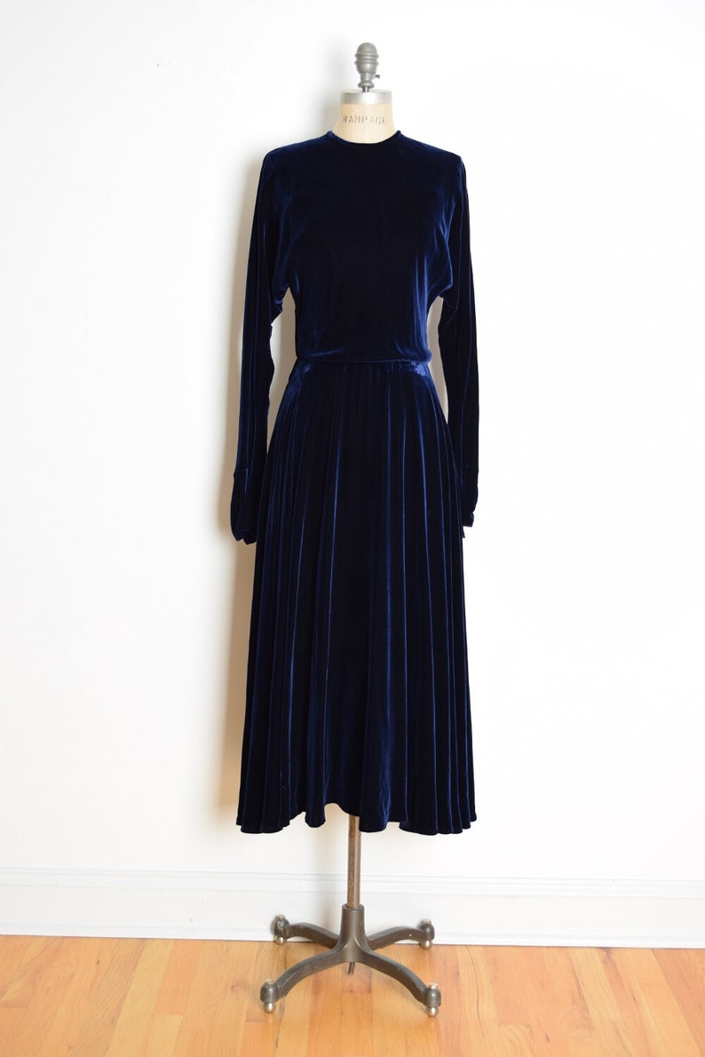 vintage 80s does 30s dress navy blue velvet backless cutout party gown XS S image 3