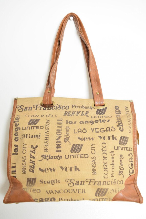 vintage 70s purse beige brown US cities print carryon tote bag novelty print View 3