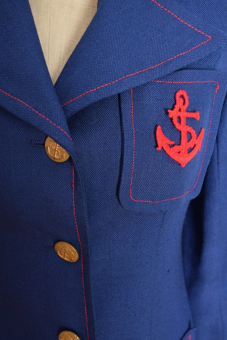 vintage 70s jacket navy red ANCHOR blazer embroidered novelty print lining XS S image 4
