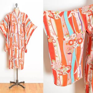 vintage 30s kimono rayon swirl floral print red silk lining wrap jacket duster clothing Japanese