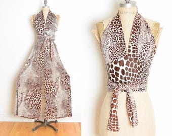 vintage 70s disco outfit wide leg pants halter top shirt giraffe print XS S