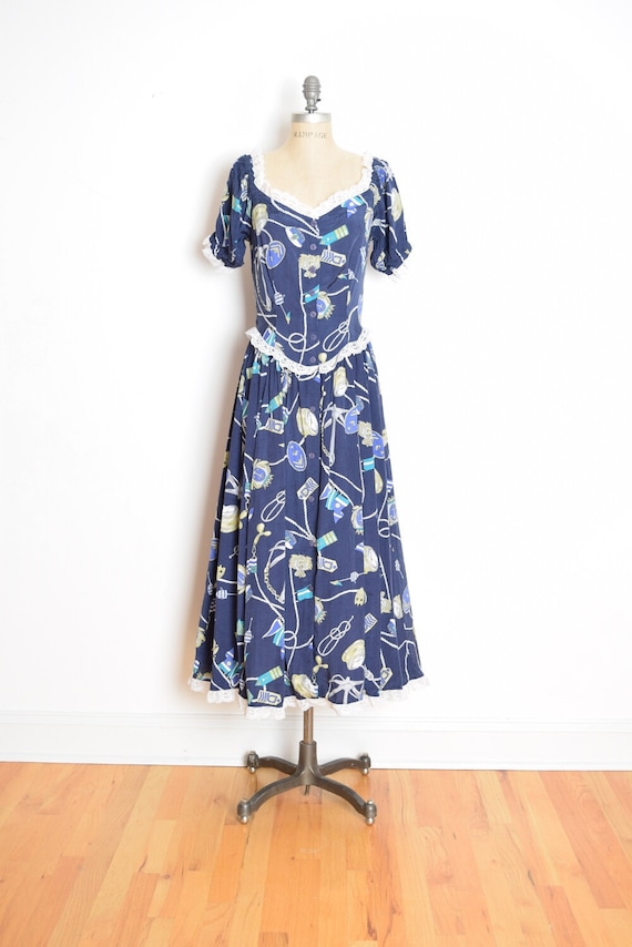 vintage 90s dress navy blue nautical scarf print … - image 1