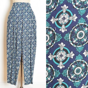 vintage 90s pants navy blue knit scarf print high waisted tapered baroque S M clothing