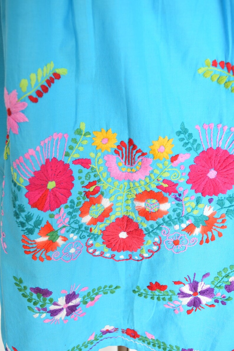 vintage 70s dress blue Mexican floral embroidered hippie boho mini cotton S clothing image 5