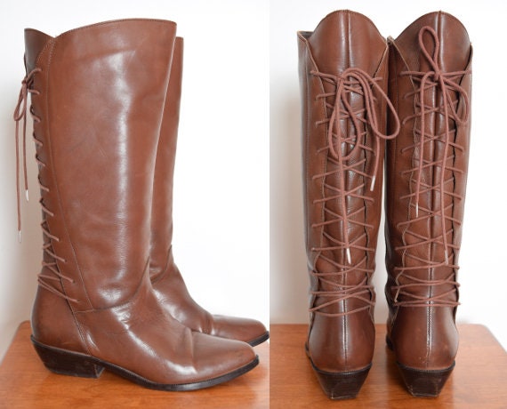 vintage 80s boots brown leather tall lace up flat