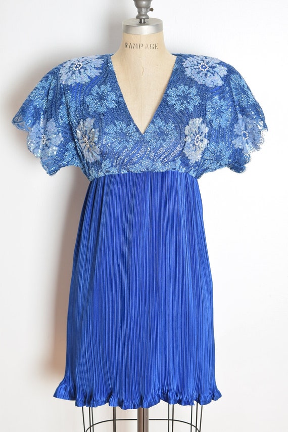 vintage 80s dress blue metallic lace pleated baby… - image 2