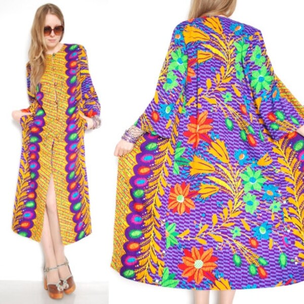 60s dress, 60s jacket, hippie dress, duster jacket, bell sleeve, graphic print, floral print, wheat print, 60s 1960s, psychedelic dress, M