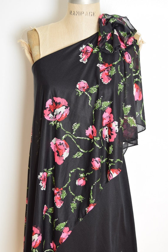 vintage 70s dress black pink one shoulder draped … - image 3