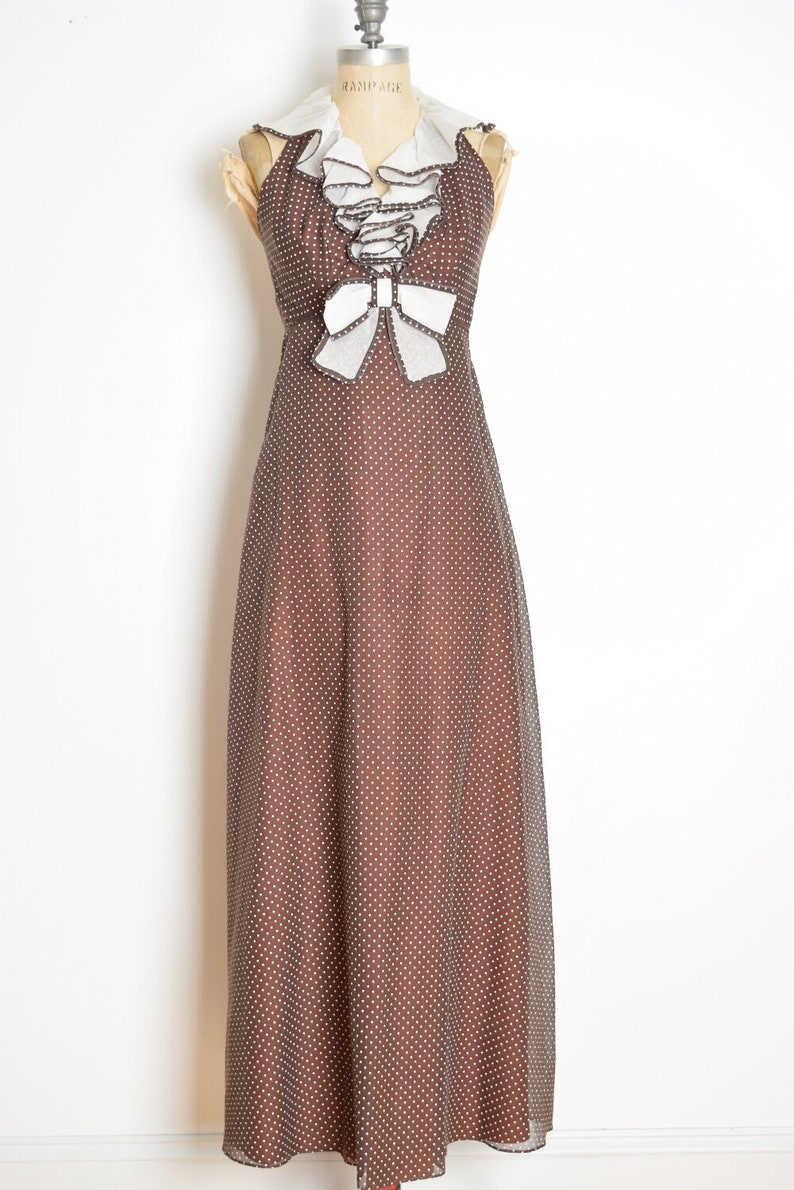 vintage 70s dress Miss Elliette polka dot ruffle long halter maxi prom XS brown clothing shawl set image 2