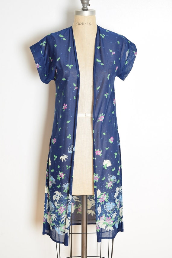 vintage 70s duster jacket navy blue sheer floral … - image 2