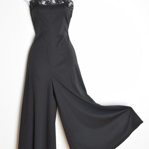 vintage 70s jumpsuit black wide leg palazzo lace one piece disco outfit romper S clothing image 2