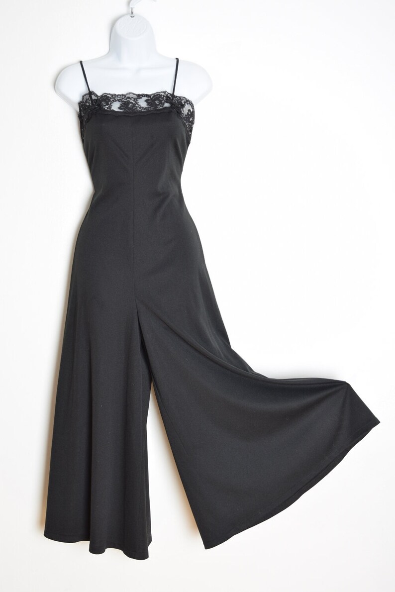 vintage 70s jumpsuit black wide leg palazzo lace one piece disco outfit romper S clothing image 2