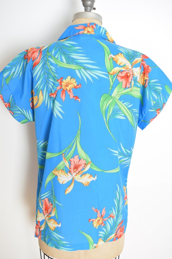 vintage 80s top blue Hawaiian aloha print floral … - image 5