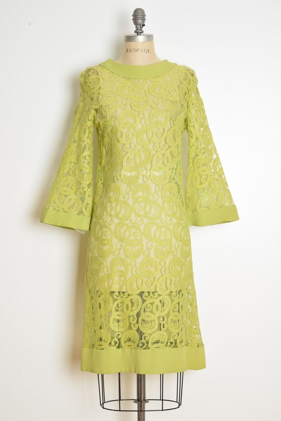 Vintage 60s Dress Lime Green Lace Sheer Crochet Bell Sleeve Mod Mini Dress S Clothing