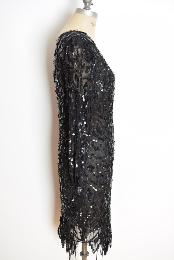 vintage 80s dress black silk sequin beaded feathe… - image 4