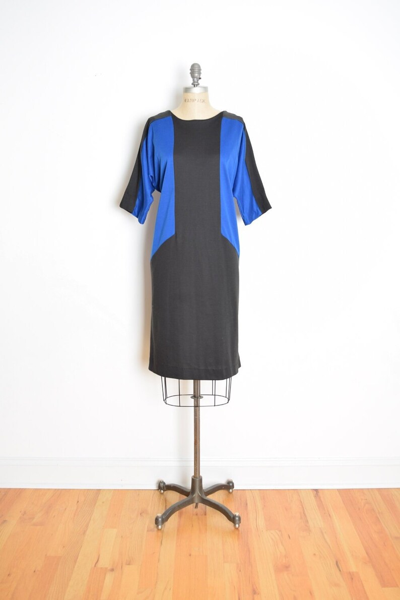 vintage 80s dress blue black color block space age mod dolman midi dress XL extra large clothing