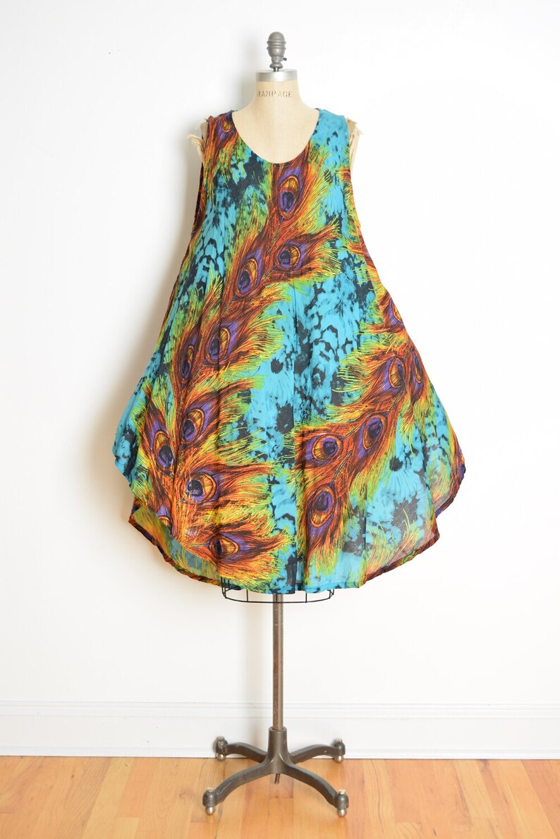 vintage 90s dress peacock feather print tie dye trapeze colorful hippie sun dress clothing image 2