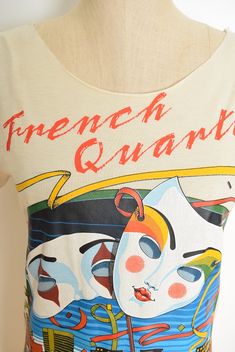 vintage 80s tee cream New Orleans mask print French Quarter top t-shirt S tourist souvenir image 3