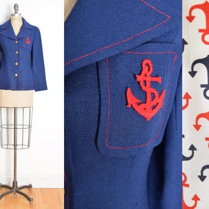 vintage 70s jacket navy red ANCHOR blazer embroidered novelty print lining XS S image 1