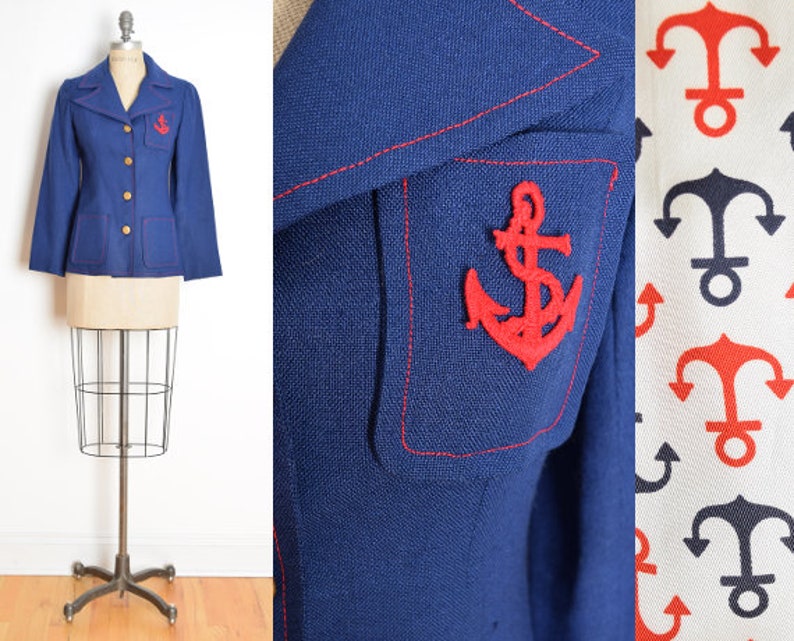 vintage 70s jacket navy red ANCHOR blazer embroidered novelty print lining XS S image 1