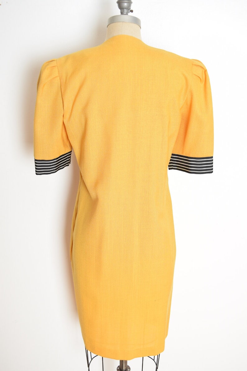 vintage 80s dress yellow striped trim bow puff sleeve secretary midi dress M clothing image 5