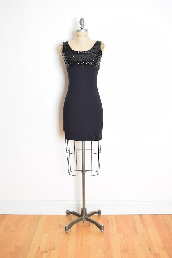 vintage 80s dress black sequin bust bandage bodycon tight short mini dress S clothing