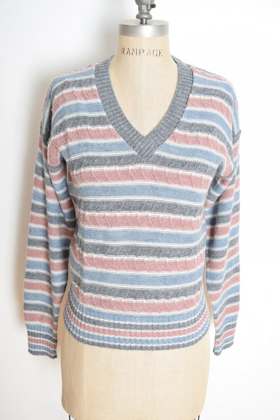 vintage 70s sweater mauve gray striped V neck jum… - image 2