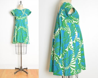 vintage 60s dress blue hawaiian print watteau train babydoll psychedelic S clothing