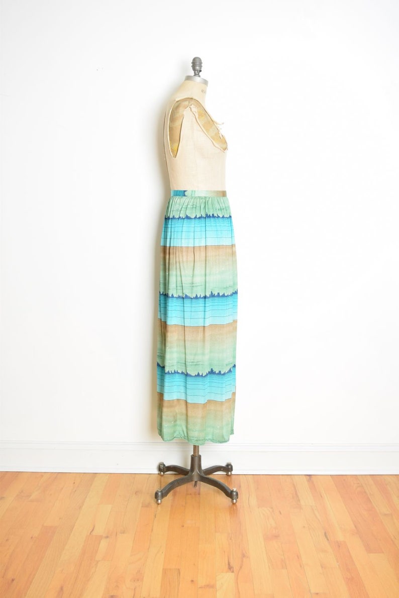 vintage 70s skirt art deco city novelty print blue green long maxi coverup M clothing image 5
